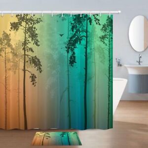 Burnt Orange Turquoise Ombre Forest Modern Shower Curtain Bathroom Floor Mat Rug