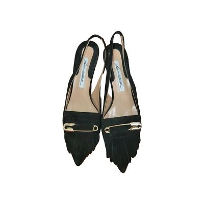 Brian Atwood Georgina Kiltie 露背泵黑色麂皮绒 37 码 1/2 美国 7 码  — 第 1/4 张图片