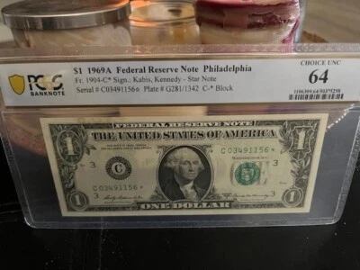 1969 A $1 Dollar Federal Reserve Star Note PHILADELPHIA PCGS 64 (Tougher Series) - Image 1 of 3