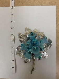 VTG SHINY BRITE Christmas Corsage silver Foil leaves Blue mercury ball Bells - Picture 1 of 11