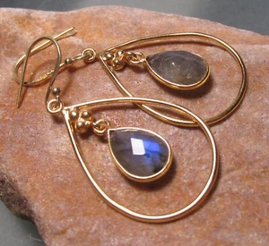 Pendientes colgantes labradorita corte placa plata 925 y oro 18K. - Imagen 1 de 4