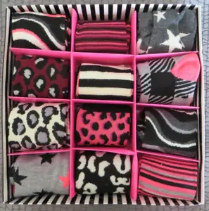 Betsey Johnson 12 pack of crew socks stars stripes leopard black pink gray - Picture 1 of 15