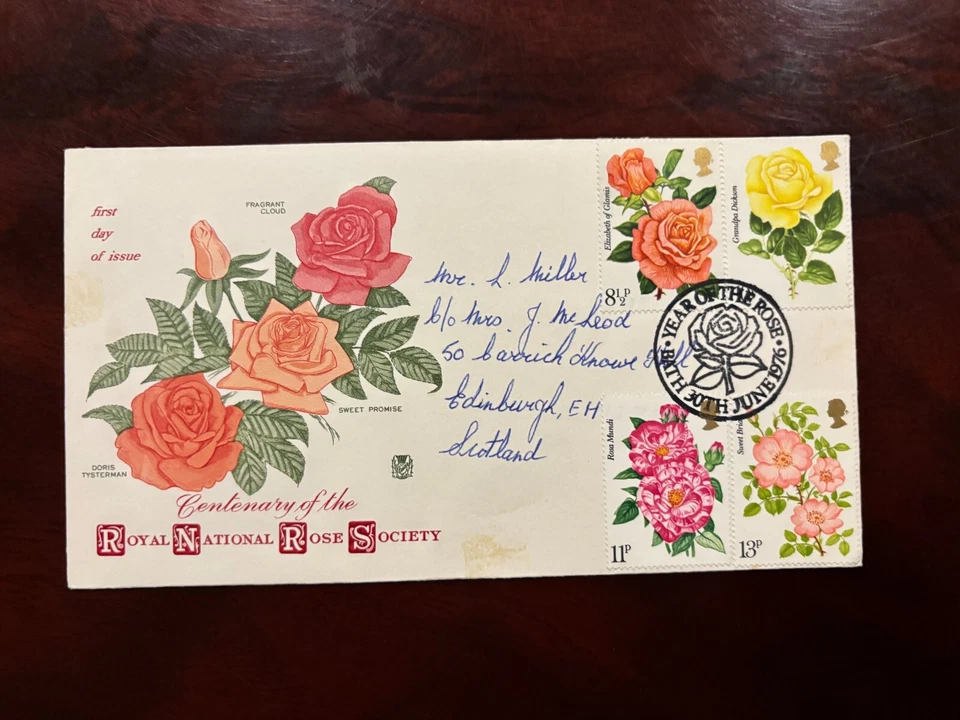 Reino Unido 1976 - 100 años Royal National Rose Soc FDC conjunto de sellos baño Foto 1 de 1