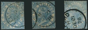 GB QV 2s BLUE 3 stamps CDS USED 21 DECEMBER 1878 in Different Towns Same Day - Picture 1 of 2