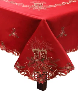 Holiday Christmas Poinsettia Candle Bell Tablecloth With Napkins RED GOLD 6727 - Picture 1 of 11
