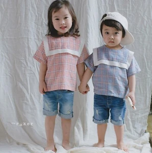 Kids Toddler Square Collar Check Plaid Blouse - Picture 1 of 9
