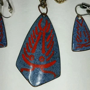  Art Nouveau Art Deco Enamel Necklace Earring Set Blue Red Hand Crafted - Picture 1 of 4