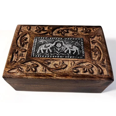 Handcrafted Mango Wood Trinket Box with Elephant Embossed Design - Image 1 of 4