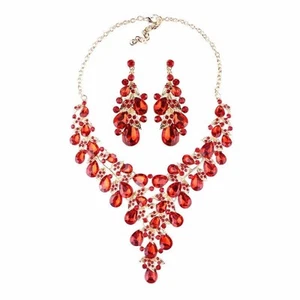 Red / iridescent Rhinestone Statement Necklace Set - Picture 1 of 2