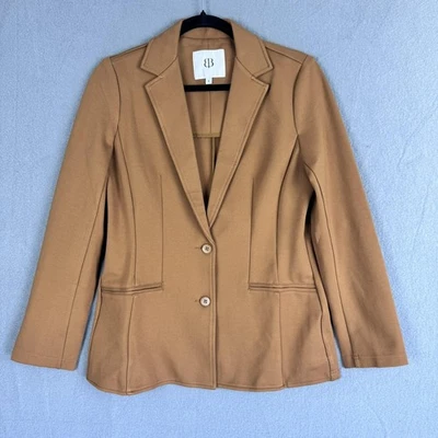 Chaqueta Blazer Ponte Tejida Elastizada Para Mujer Pequeña Tostada Camel Dos Botones Ribeteados Bolsillos Foto 1 de 4