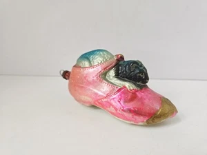 Vintage Adorno Navidad Cristal Gato en Zapato Alemania Rosa - Imagen 1 de 3