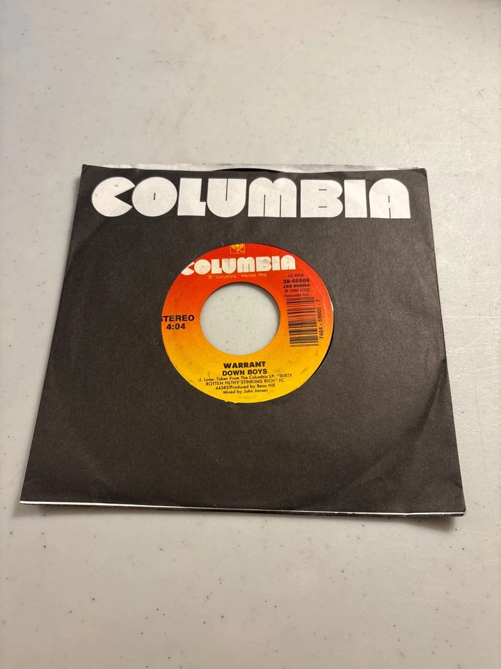 WARRANT COLD SWEAT / DOWN BOYS 7" SINGLE 45 RECORD ON COLUMBIA HEAVY METAL VG+ - Image 1 of 3
