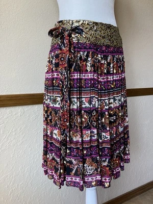 Diane Von Furstenberg DVF Silk Wrap Midi Skirt 4 Floral Gypsy Romantic Sequin - Image 1 of 4