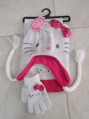 NEW Hello Kitty Knit Girls Beanie Hat, Gloves & Scarf Set Sparkled White w Pink - Image 1 of 4