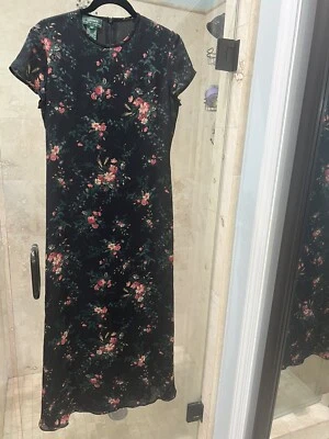 Maxi Vestido Ralph Lauren Para Mujer Seda Estampado Floral Manga Corta Azul Talla Pequeña Foto 1 de 4