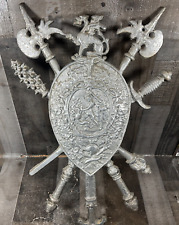 Cast Metal Shield Coat of Arms Swords Axes Dragon Perseus vs Medusa Wall Hanging