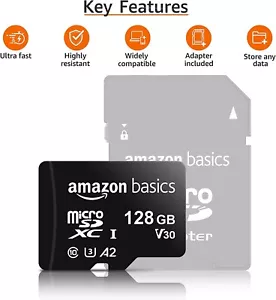 Amazon Basics 128GB micro SDXC Memory Card with Full Size Adapter, A2, U3 NEW - Picture 1 of 5