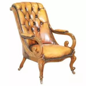 STUNNING SHOW FRAMED EARLY VICTORIAN CHESTERFIELD BROWN LEATHER LIBRARY ARMCHAIR - Picture 1 of 12