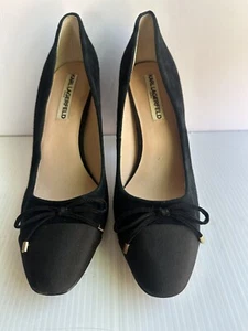 Karl Lagerfeld Black Suede Pumps Block Heel Bow Tie Size 9.5M - Picture 1 of 12