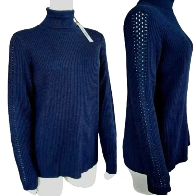 NWT $248 Elie Tahari M Sweater Maelee Navy Ribbed Pointelle Perforated Sleeves - Image 1 of 4