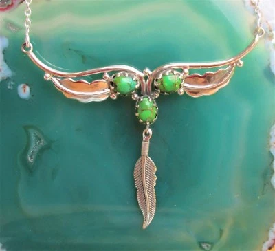 KX Collana Collier Piuma Argento Sterling 925 Turchese Rame Turchese Verde - Immagine 1 di 3