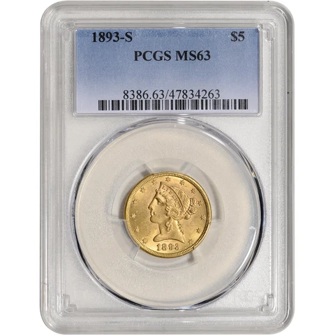 1893 S US Gold $5 Liberty Head Half Eagle - PCGS MS63 Cover