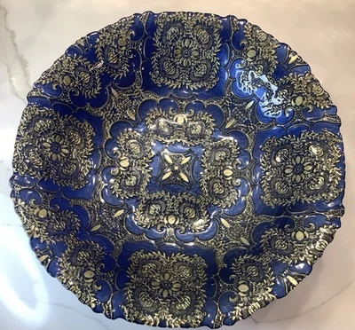 "Centro de mesa decorativo de vidrio artístico azul real turco cuenco ornamentado 16"" de ancho" Foto 1 de 4