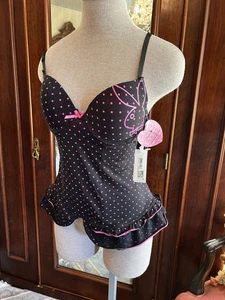 Playboy Intimates Cami Black Hot pink Bunny Logo NWT Medium - Picture 1 of 14