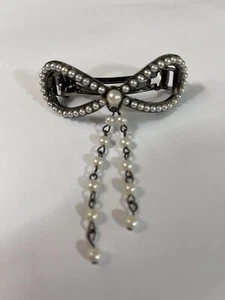 Vintage Faux Pearl Beaded Bow Hair Barrette Hair Accessory Dangle Lovely! - Picture 1 of 6