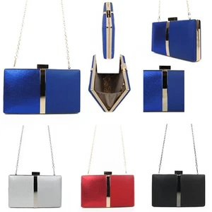 Ladies Faux Leather-Glitter Metal Trim Evening Clutch Bag Wedding Cocktail Prom - Picture 1 of 28
