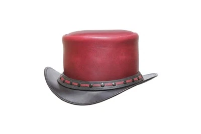 Red & Black Leather Steampunk Top Hat Studded Band Cowboy Style - Image 1 of 4