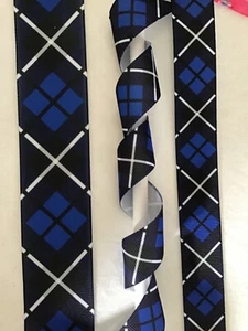 Blue Black White Diagonal Scottish Plaid Grosgrain ribbon by yard 7/8" 1.5"  - Picture 1 of 2