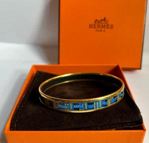 HERMÈS Enamel PM Bangle Bracelet Cloisonne Gold Blue Black - Original Packaging - Picture 1 of 12
