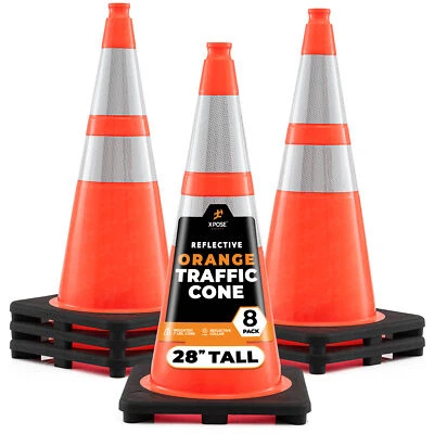 8 Pack Orange Traffic Cones 28 Inch with 6" & 4" Collar, PVC Plastic - Image 1 of 4