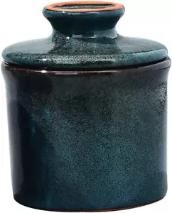 Pottery Butter Keeper Crock - Ceramic Dish with Water Line for Countertop, Blue - Picture 1 of 12