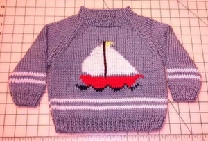 New 3M to 5T Hand Knit Baby Boy's Sailboat Raglan Sleeve Pullover Sweater - Picture 1 of 6