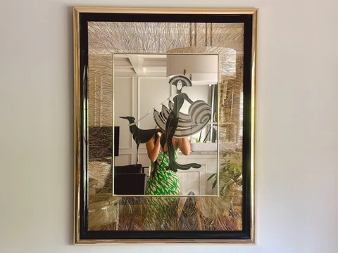 Stunning Vintage 1980s Erte "Symphony in Black" Art Mirror in Gold Frame Cover
