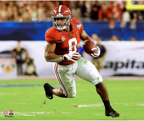 Josh Jacobs Alabama Crimson Tide Unsigned Red Jersey Running Photograph Cover