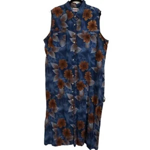 Vintage Bill Blass Womens Linen Blend Floral Button Down Midi Dress Blue Size 2X - Picture 1 of 5