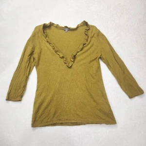 J.Jill Womens Top M Mustard Yellow Ruffle V-Neck 3/4 Sleeve Knit Sweater Deep V  - Picture 1 of 13