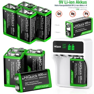 HiQuick Wiederaufladbar Akkus 9V 600mAh Li-ion / LCD Ladegerät Batterieladegerät - Bild 1 von 29