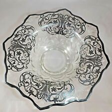 Vtg Silver Overlay Glass Compote Pedestal Bowl Floral Design 1920s to 1950s 11"