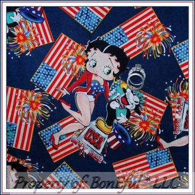 BonEful FABRIC FQ Cotton Betty Boop Blue Red White Stripe Star Flag Firework VTG - Image 1 of 4