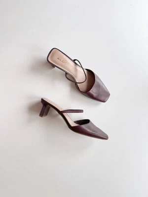 ALDO Afean Marrón Oscuro Cuero Borgoña Puntera Cuadrada Sin Cordones Mules Slides, Talla 7 Foto 1 de 4