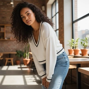 H&M Divided Crop Pullover Damen S weiß schwarz leicht Academia Preppy Cottage NEU - Bild 1 von 10