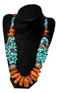 Vintage -Style Moroccan Berber  Amber & Coral Turquoise Beaded Necklace Ethnic - Picture 1 of 3