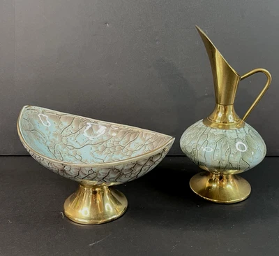 Vtg Holland Delft Pedestal Bowl & Pitcher Vase Aqua Gold Marble Design Brass  - Image 1 of 4