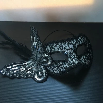 Vintage 90s Black Sequin Butterfly Halloween Masquerade Eye Mask With Feathers - Image 1 of 4