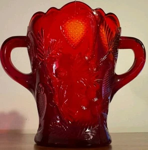Vintage Mosser Inverted Strawberry Two Handle Amberina Red Glass Spooner 5" Tall - Picture 1 of 9