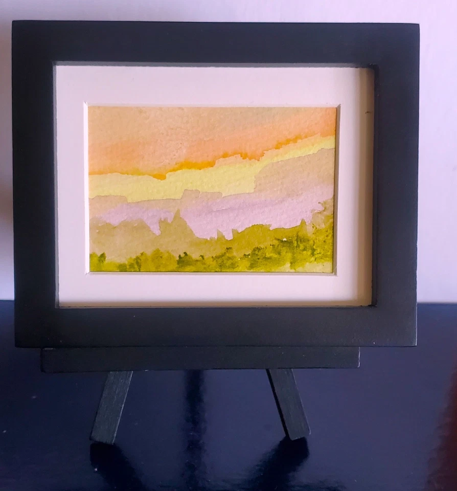 miniature original watercolor impressionist painting signed framed on easel - Image 1 of 1